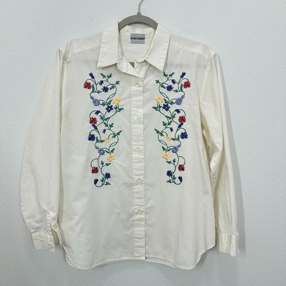 Vintage Alfred Dunner Fully Floral Embroidered White Button Down Blouse Cottage - Picture 1 of 4